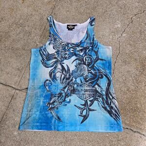 Vtg Y2k HARLEY DAVIDSON Roses Thorns All Over Print Biker Tank Top Shirt XL USA